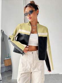 SHEIN EZwear 撞色PU皮革夾克 - 黃色 - 查看 4