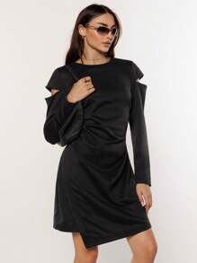 SHEIN Essnce 女士不对称下摆镂空连衣裙 - 黑色 - 查看 1