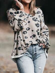 豹紋泡泡袖窩針大尺碼上衣 - 杏色 - 查看 4