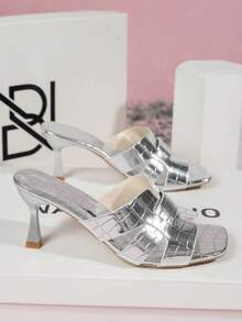 女士金色时尚高跟凉鞋、新款女式凉鞋、优雅仿皮蛇皮纹理凉鞋、圣诞节时尚女士高跟凉鞋、女士户外高跟凉鞋、女士运动凉鞋、女士性感情趣拖鞋 - 銀色 - 查看 4