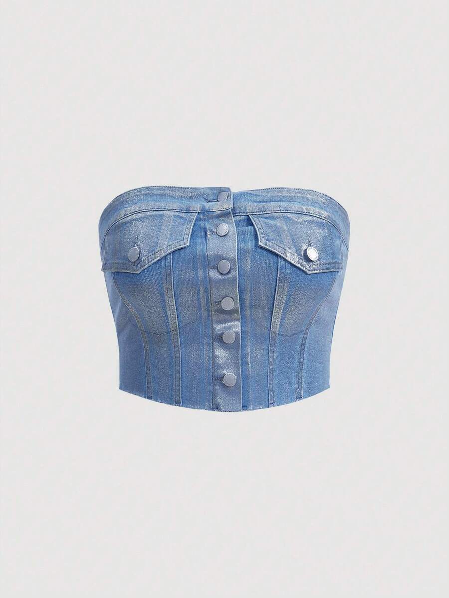 SHEIN EZwear Plus Size Denim Top With Button Detail, Strapless Design - Silver - View 1