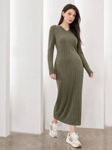 Mulvari 女款 V 領純色羅紋修身連身裙 - 綠色 - 查看 4