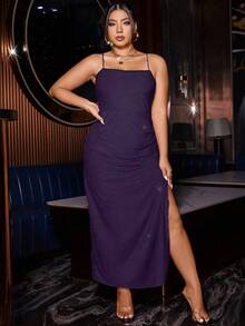 Cravure Plus Crisscross Backless Split Thigh Cami Dress - Purple - View 3