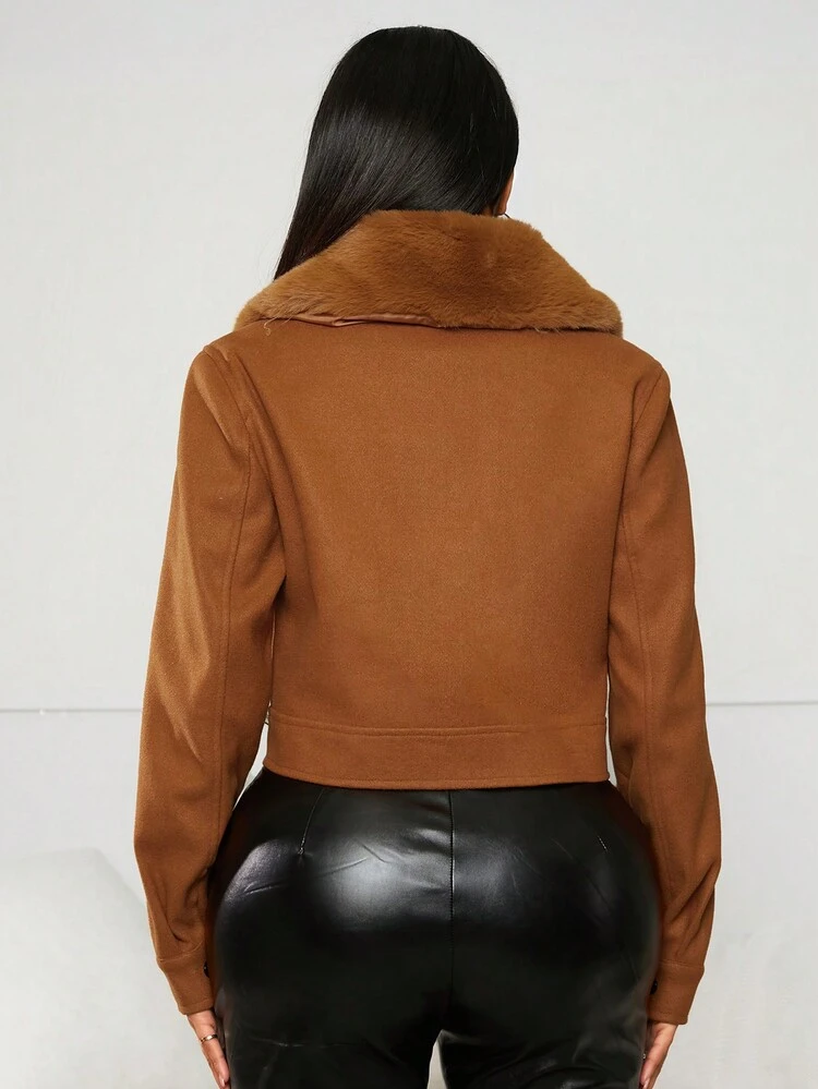 Ladies' Knit Coat With Fluffy Collar And Patchwork, Casual New Year Fashion