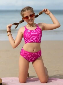 Tween Girl Bikini Set With Heart Print Design Summer Beach - Pink - View 4