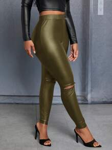 Slaydiva 女士镂空仿皮裤 - 軍綠色 - 查看 5