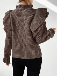 SHEIN Essnce 荷葉邊裝飾長袖毛衣 - 棕色 - 查看 2