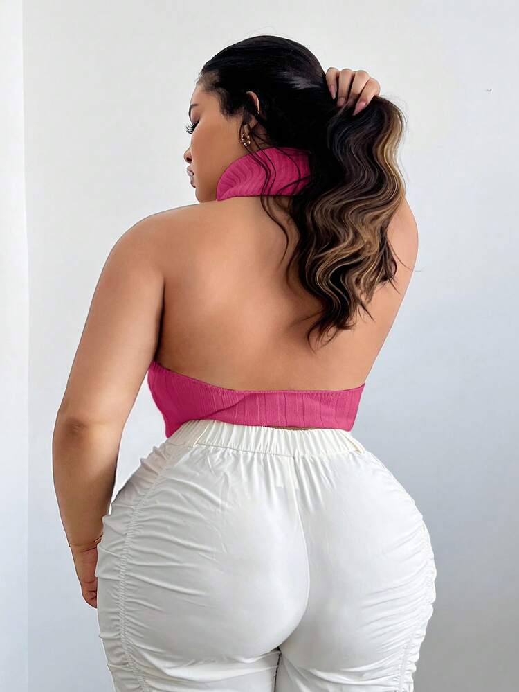 Women's Plus Size Hollow Out Ring Detail Halter High Neck Knit Top