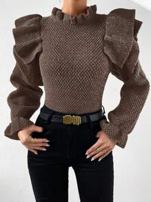 SHEIN Essnce 荷葉邊裝飾長袖毛衣 - 棕色 - 查看 4