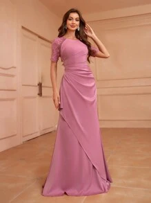 SHEIN Belle Embroidered Mesh Contrast Pleated Bridesmaid Dress With Raglan Sleeves - Pink - View 7