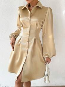 Chiquease 女士優雅收腰顯瘦燈籠袖襯衫洋裝 - 卡其色 - 查看 1