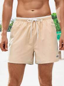 Horizaway Men Letter Graphic Drawstring Waist Swim Trunks - Khaki - View 3
