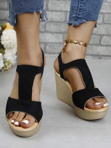 女士大尺碼跨境楔形涼鞋,厚底和腳踝帶 - 黑色 - 查看 1