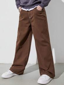 青少年男孩酷炫街頭風寬鬆棕色牛仔褲 - 棕色 - 查看 5