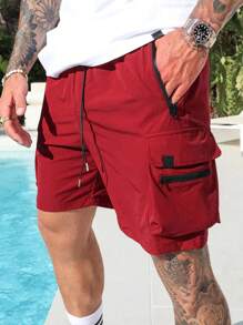 Manfinity Homme Men's Solid Color Drawstring Waist Cargo Shorts Plain Dark Red - Red - View 1