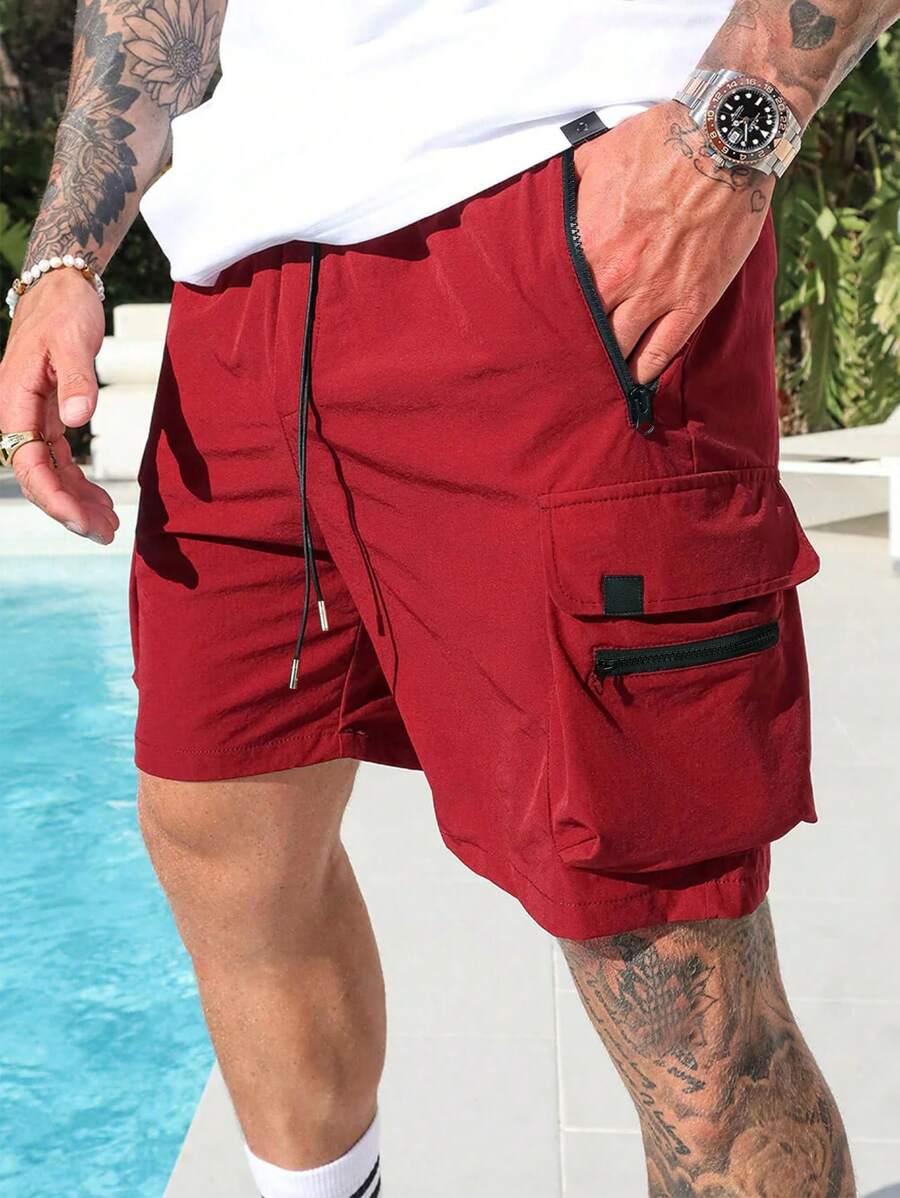 Manfinity Homme Men's Solid Color Drawstring Waist Cargo Shorts Plain Dark Red - Red - View 1