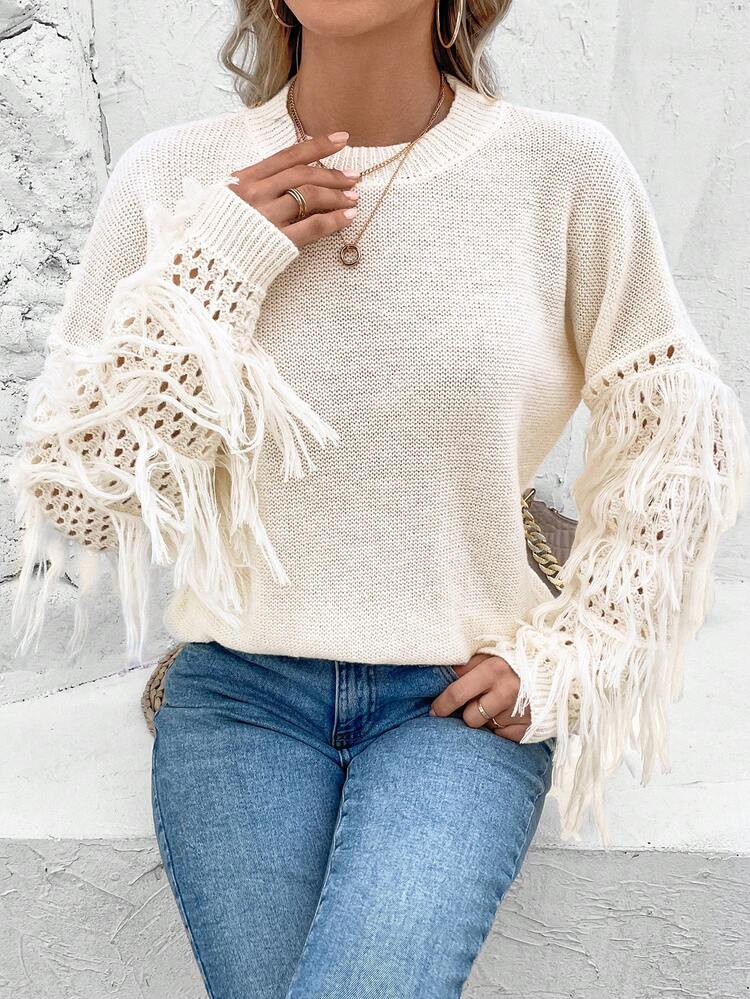 Tassel Decorated Crochet Sleeve Round Neck Knit Pullover Fall Winter Sweater