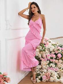 SHEIN Privé Women Valentine's Day Multilayered Ruffle Trim Halter Neck Belted Dress - Pink - View 2