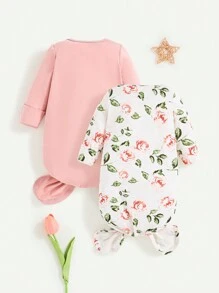 SHEIN 新生女嬰針織柔軟圓領長袖過肩睡衣套裝 - 彩色 - 查看 2