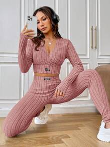 SHEIN EZwear 字母拼接針織女裝套裝 - 藕粉色 - 查看 5