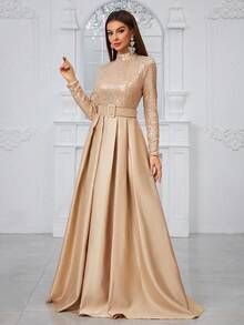 YISIKADO Long Sleeve Stand Collar Sequin Panel Pleated Evening Dress (With Belt) Elegant Formal Prom Wedding Guest Gown, For Graduation, Dinner Party Dress