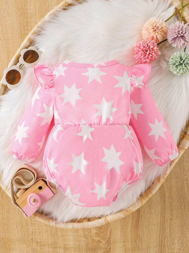Baby Girls' Pink Star Pattern Printed Bodysuit For Everyday Casual Wear In Autumn And Winter