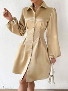 Chiquease 女士優雅收腰顯瘦燈籠袖襯衫洋裝 - 卡其色 - 查看 3