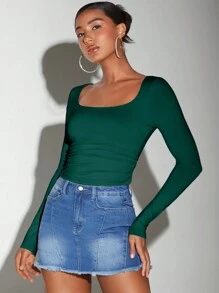SHEIN BAE Hình vuông Đường viền cổ áo Tay áo dài Quần skinny Áo thun - Màu xanh lá cây đậm - Xem 4