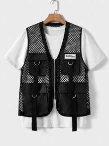 Manfinity BRENVOR Men's Patched Detailed Black Fishnet Vest For Summer, Plain Vintage Urban Cargo Vest - Multicolor - View 1
