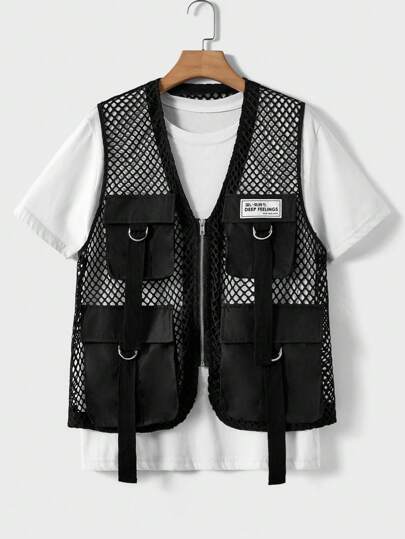 Manfinity BRENVOR Men's Patched Detailed Black Fishnet Vest For Summer, Plain Vintage Urban Cargo Vest