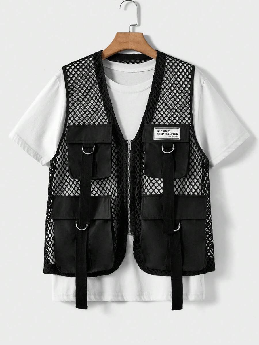 Manfinity BRENVOR Men's Patched Detailed Black Fishnet Vest For Summer, Plain Vintage Urban Cargo Vest - Multicolor - View 1