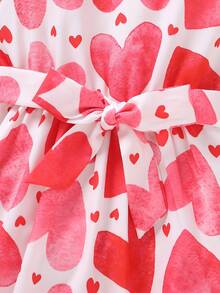 SHEIN Little Girls' Sleeveless Heart Printed Dress With Belt And Hat, Spring/Summer - Red - View 3