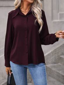 EMERY ROSE 女式纯色翻领衬衫、长袖上衣 - 紫紅色 - 查看 4