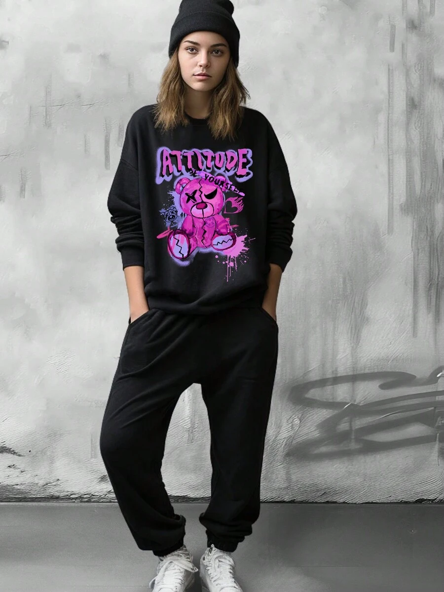 Thiếu niên Cô gái Giải trí Đơn giản Hoạt hình In Tay áo dài Bộ đồ trên và quần , Thích hợp Đối với Mùa thu Và Mùa Đông - màu đen - Xem 1