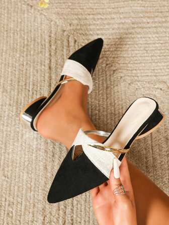 Zapatos de cuña de tacón bajo de ante negro para mujer, de punta puntiaguda, para uso en exteriores y fiestas, elegantes tacones gruesos, planos