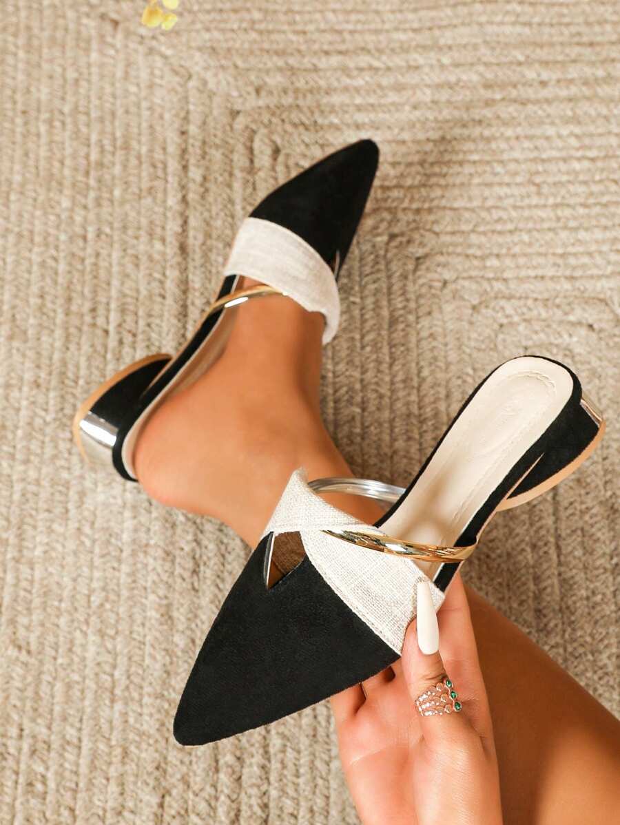 秋冬女式黑色穆勒坡跟尖头户外派对绒面革低跟鞋，优雅粗跟鞋，平底鞋