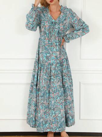 Rochie cu mâneci lungi, cu mâneci lungi, cu decolteu în V, cu mânecă lungă, în albastru deschis