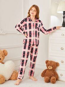 SHEIN Giường đôi In Cô gái Tween Tay áo dài Và Quần Nhà  Mặc Bộ - Hồng - Xem 6
