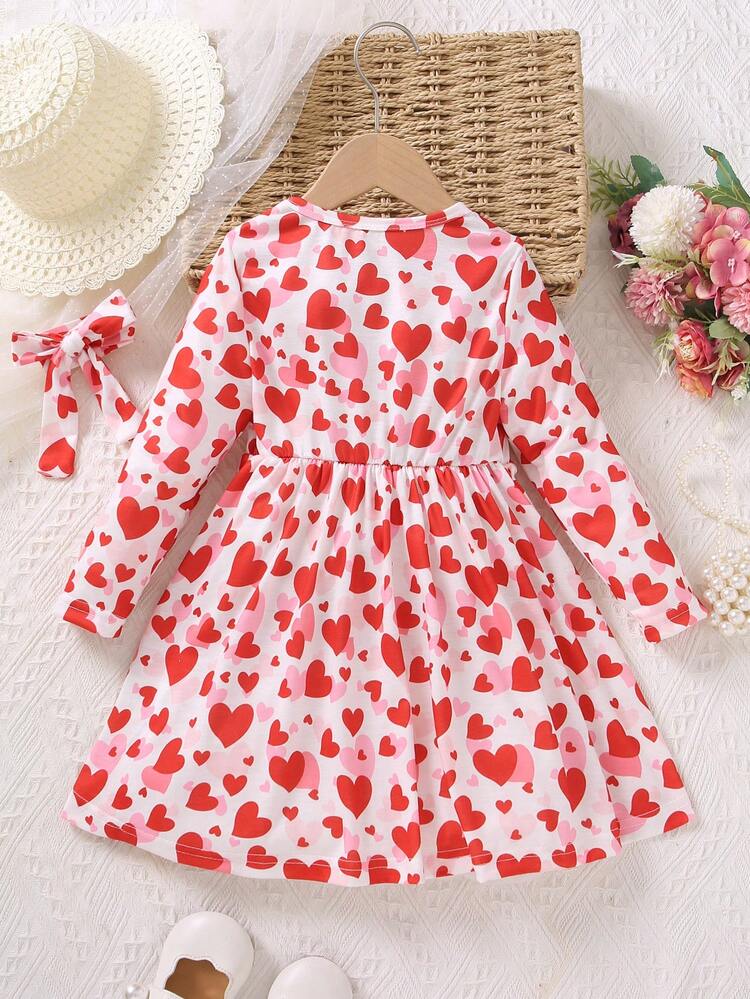 Girl Toddler Heart Pattern Print Long Sleeve Waist Fit & Flare Valentine's Day Dress With Headband, Spring/Autumn Valentine's Day