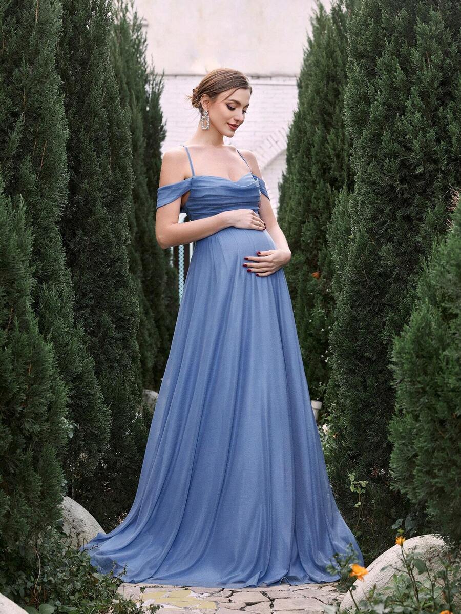 Faeriesty Dressalisa Elegant Off-Shoulder Backless Baby Party Dress, With Adjustable Back Tie And Flowing A-Line Silhouette - Perfect For Baby Showers, Formal Events, Wedding Receptions, Galas, And Maternity Photoshoots. - Dusty Blue - View 1