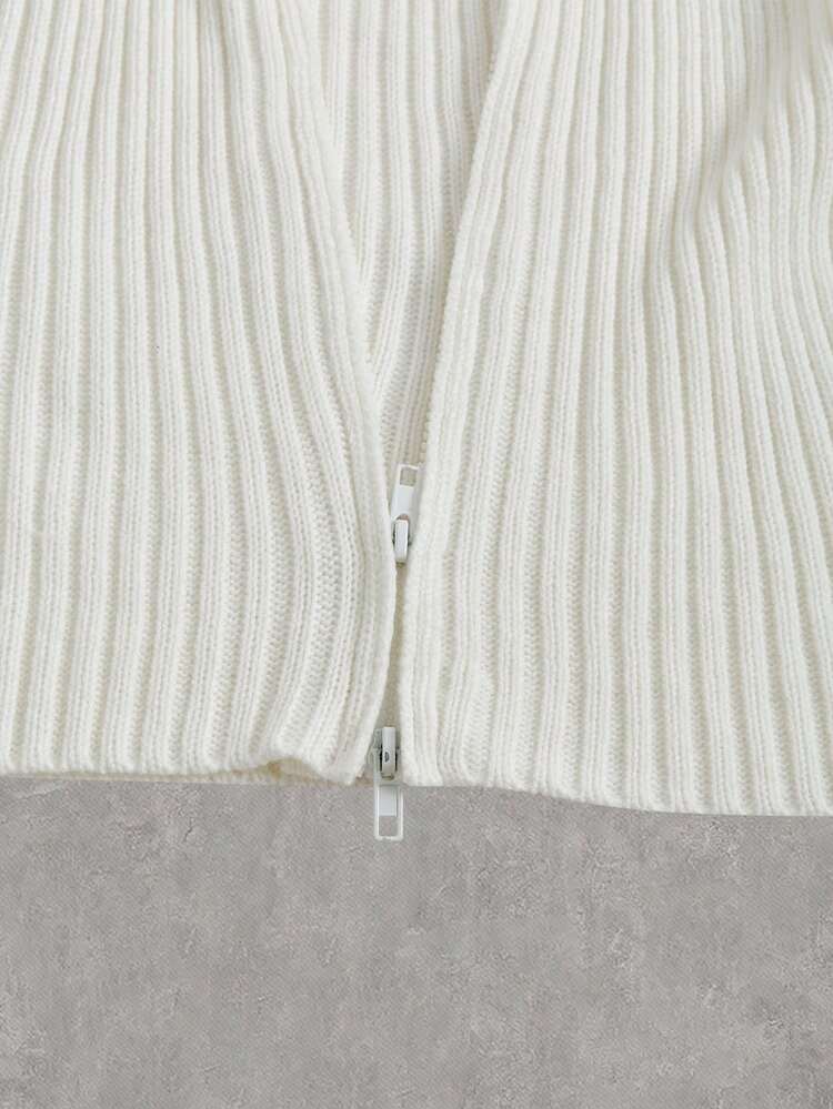 Zip Front Ribbed Knit Halter Top And Cardigan Two-Piece Set