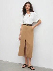 SHEIN BIZwear 女款純色高開衩半身裙 - 卡其色 - 查看 7