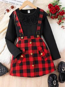 SHEIN 少女蕾絲黑色t恤和紅色格紋吊帶裙套裝,春季 - 彩色 - 查看 1