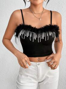 Zolique Women Tank Tops & Camis Kontras Faux Fur Plain Casual Pesta - Hitam - View 1