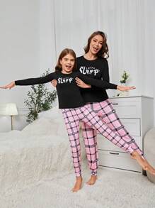Tween Girl Family Matching Outfits, Letter Print Plaid Snug Fit Pajama Set - Black - View 8