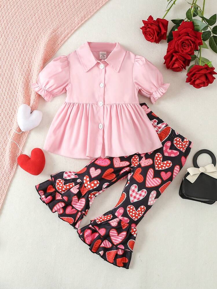 Baby Girls' Pink Puff Sleeve Shirt With Heart-Shaped Print Flare Pants Set For Spring And Summer