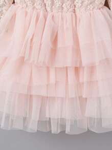 SHEIN Toddler Girls V-back Contrast Mesh Layer Hem Lace Dress - Baby Pink - View 3