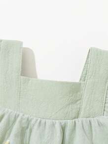 SHEIN 嬰兒女童網紗刺繡花朵洋裝,有褶邊裝飾 - 綠色 - 查看 5