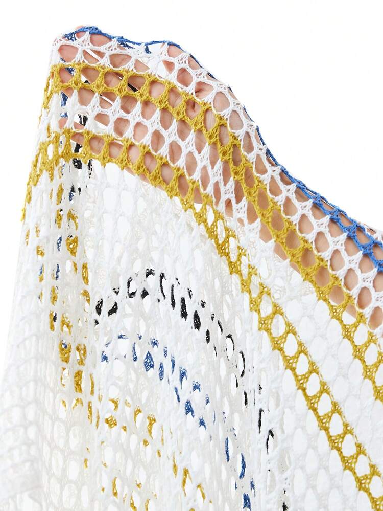 Women's Contrast Hollow Batwing Sleeve Fringed Hem Cover Up Wedding Summer