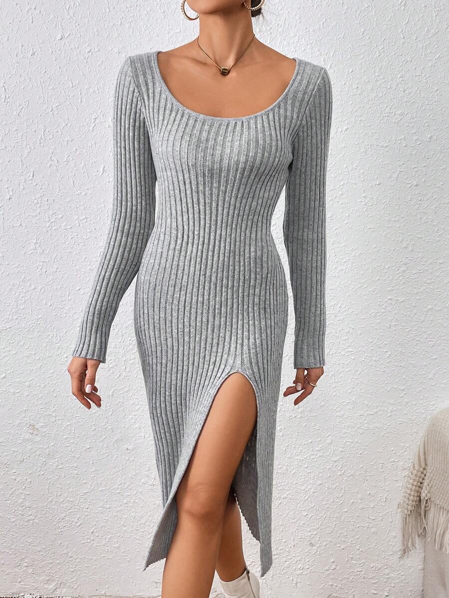 SHEIN Essnce Của phụ nữ Tay áo dài Viền chia cắt Đầm Áo len - Xám - Xem 1